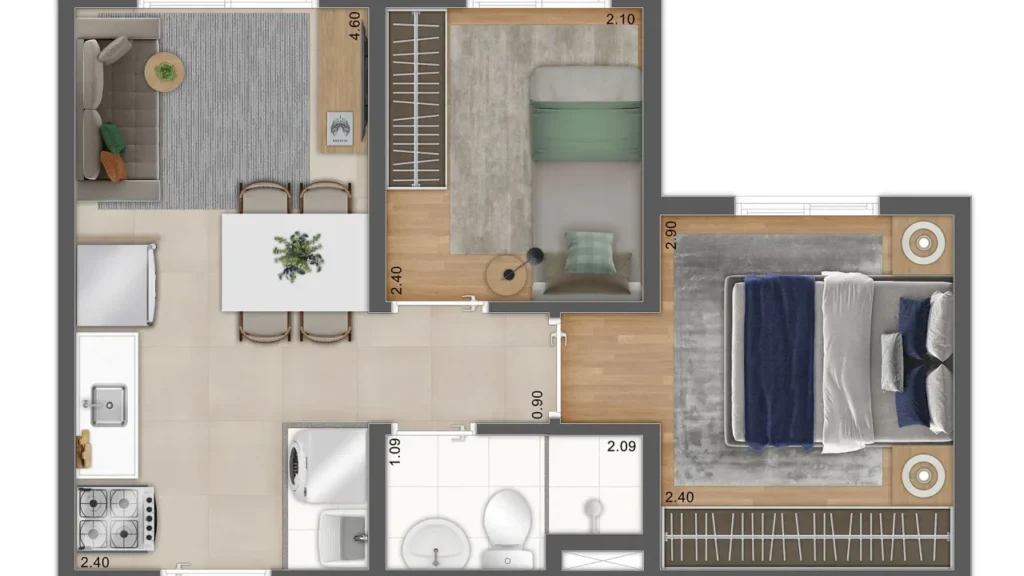 Ares do Horto - Pau Brasil — Planta 2 Dorms., CAMPO LIMPO
