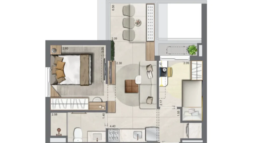 Apartamento 2 quartos 42m² em Brooklin Paulista — planta Oriz - residencial e NR (RUNNI)